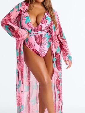 Tropical Pink V-Neck One-Piece Swimsuit with Sheer Cover-Up
